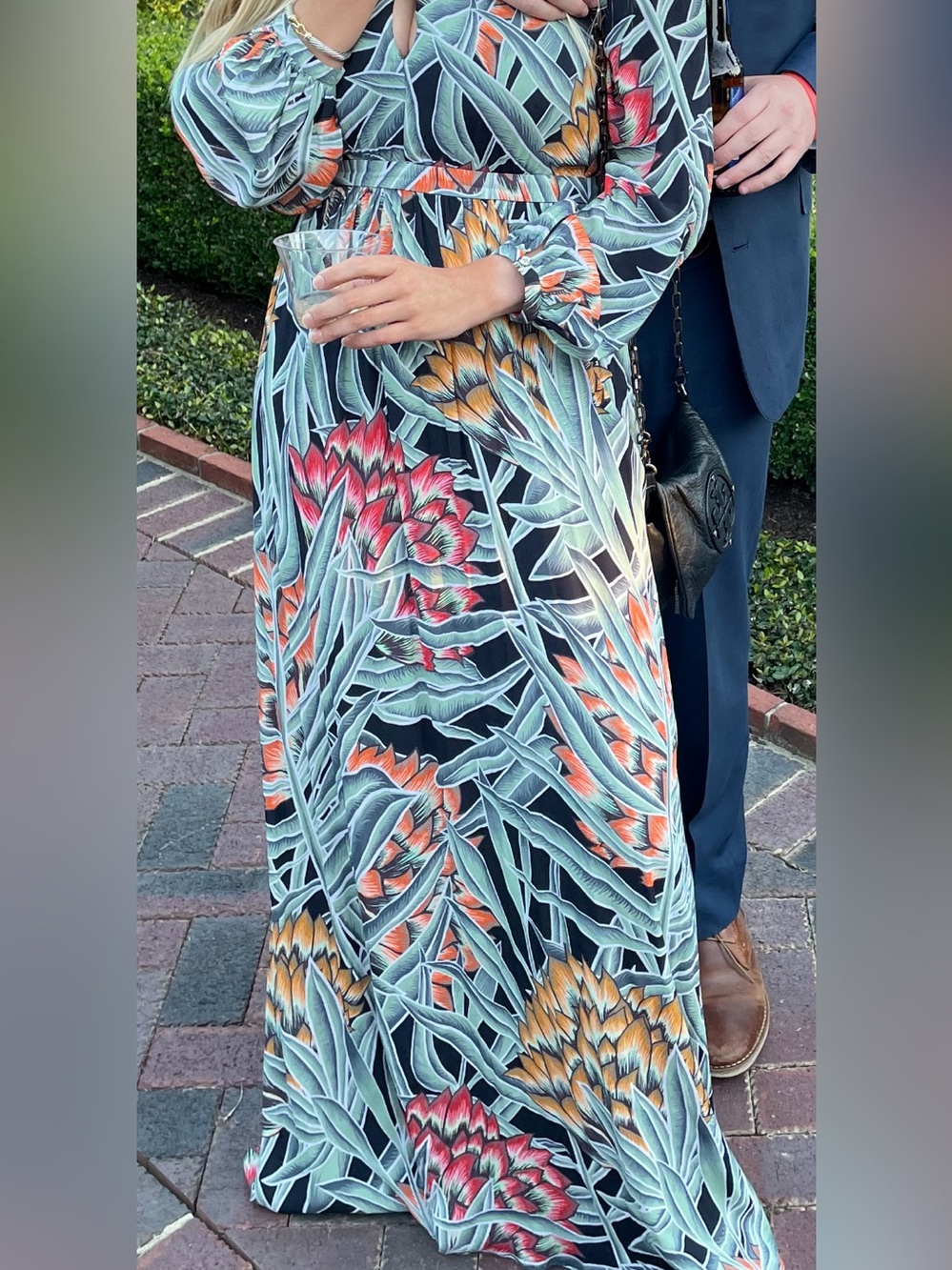 Mara Hoffman Black Maxi Dress with Green Leaves and Red & Orange Floral Print